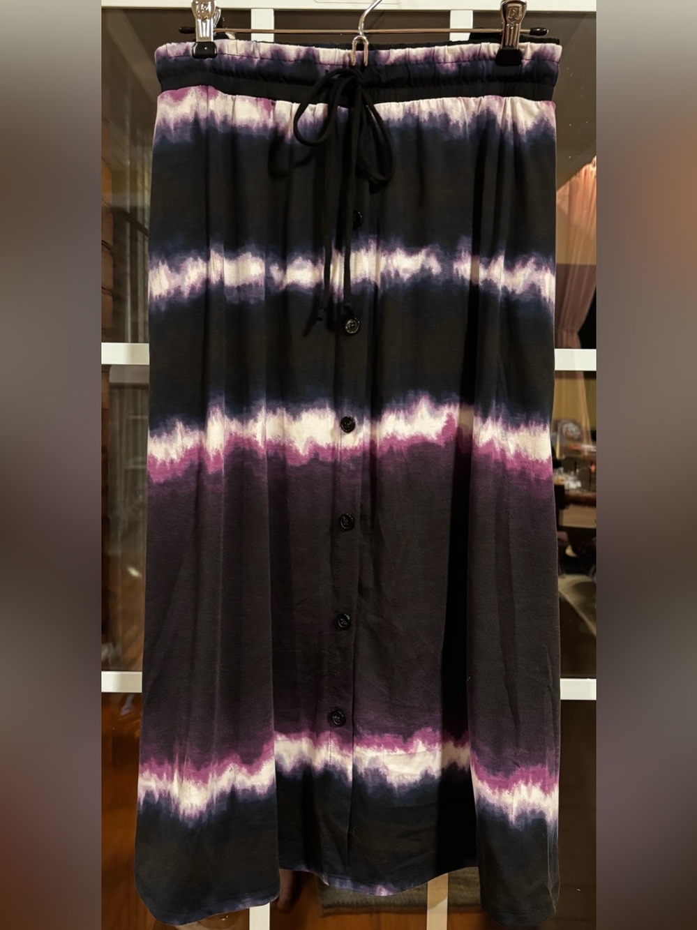 LuLaRoe NWT Marsha Black Purple Tie-Dye Midi Skirt Pockets Elastic Waist